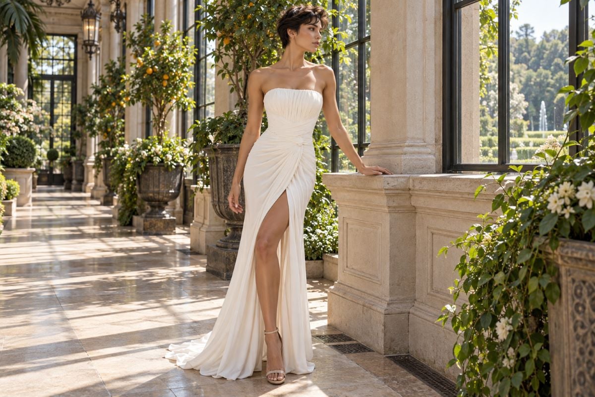 Warm ivory prom gown in daylight
