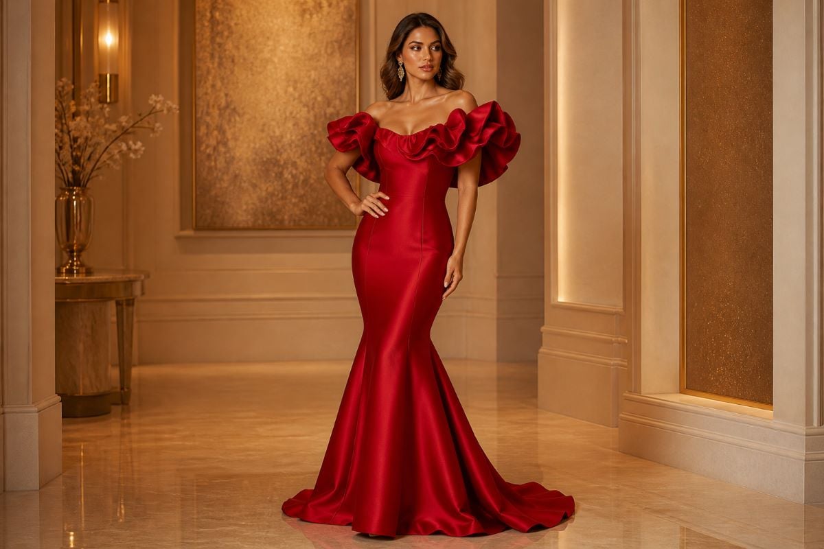 warm skin model wearing red off shoulder evening gown with sculptural sleeves