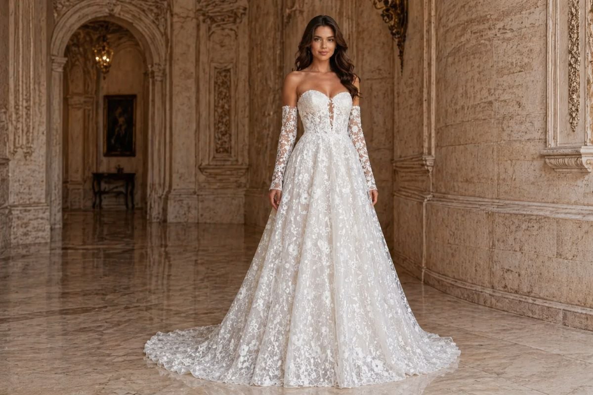 wedding dress with cathedral veil styling