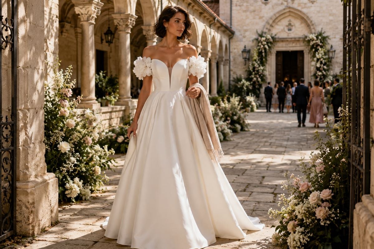 Elegant wedding guest dress with wrap