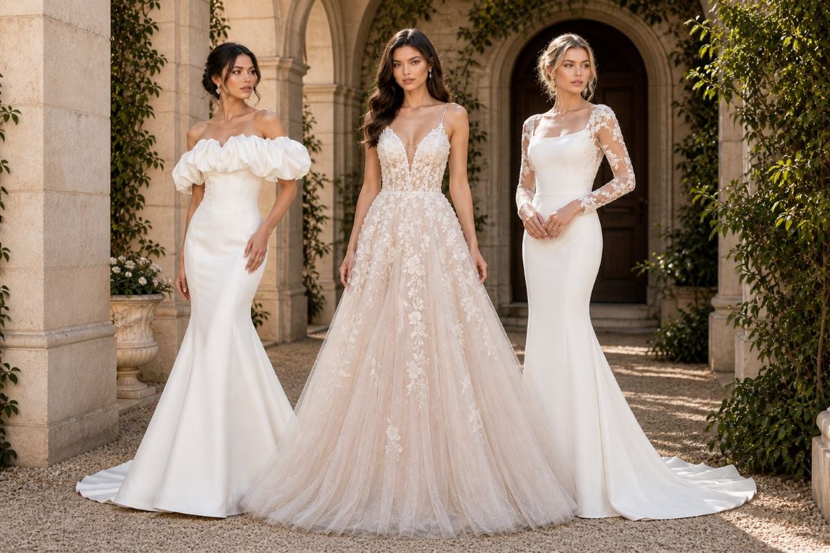 wedding guest dresses editorial trio in elegant outdoor setting