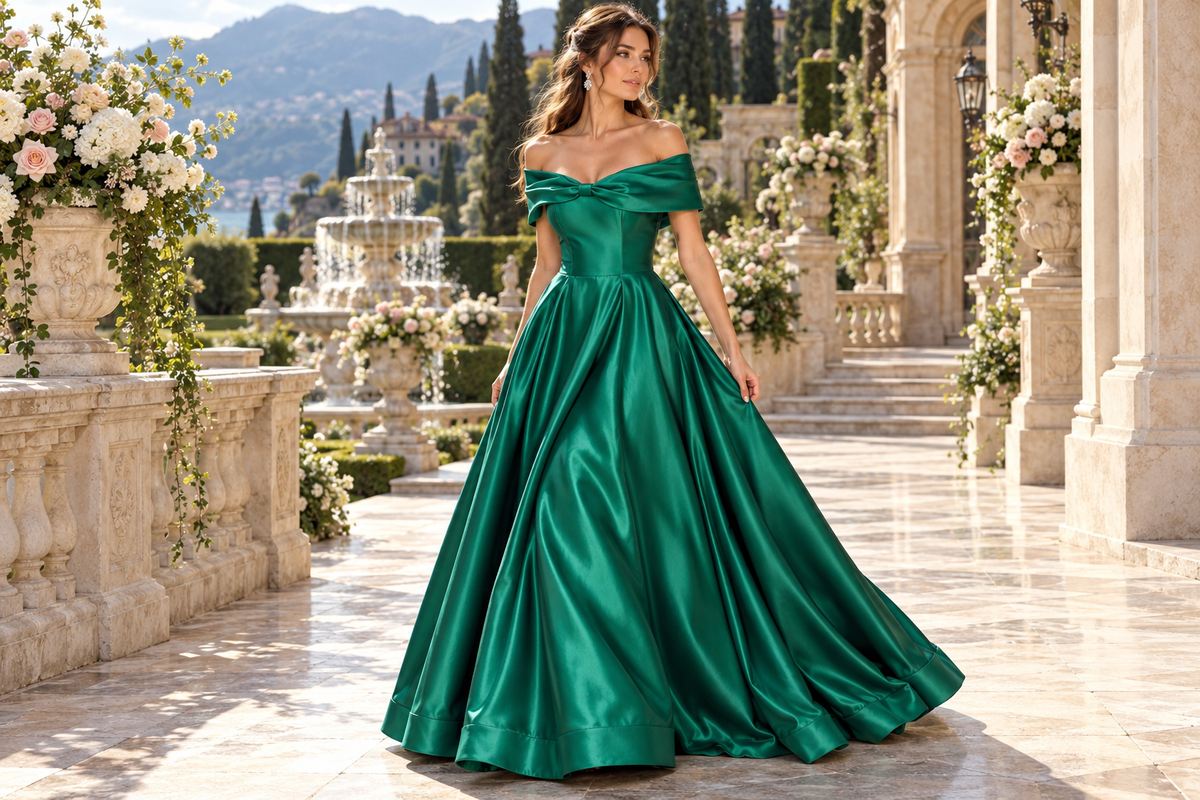 Wedding guest hairstyle with emerald gown