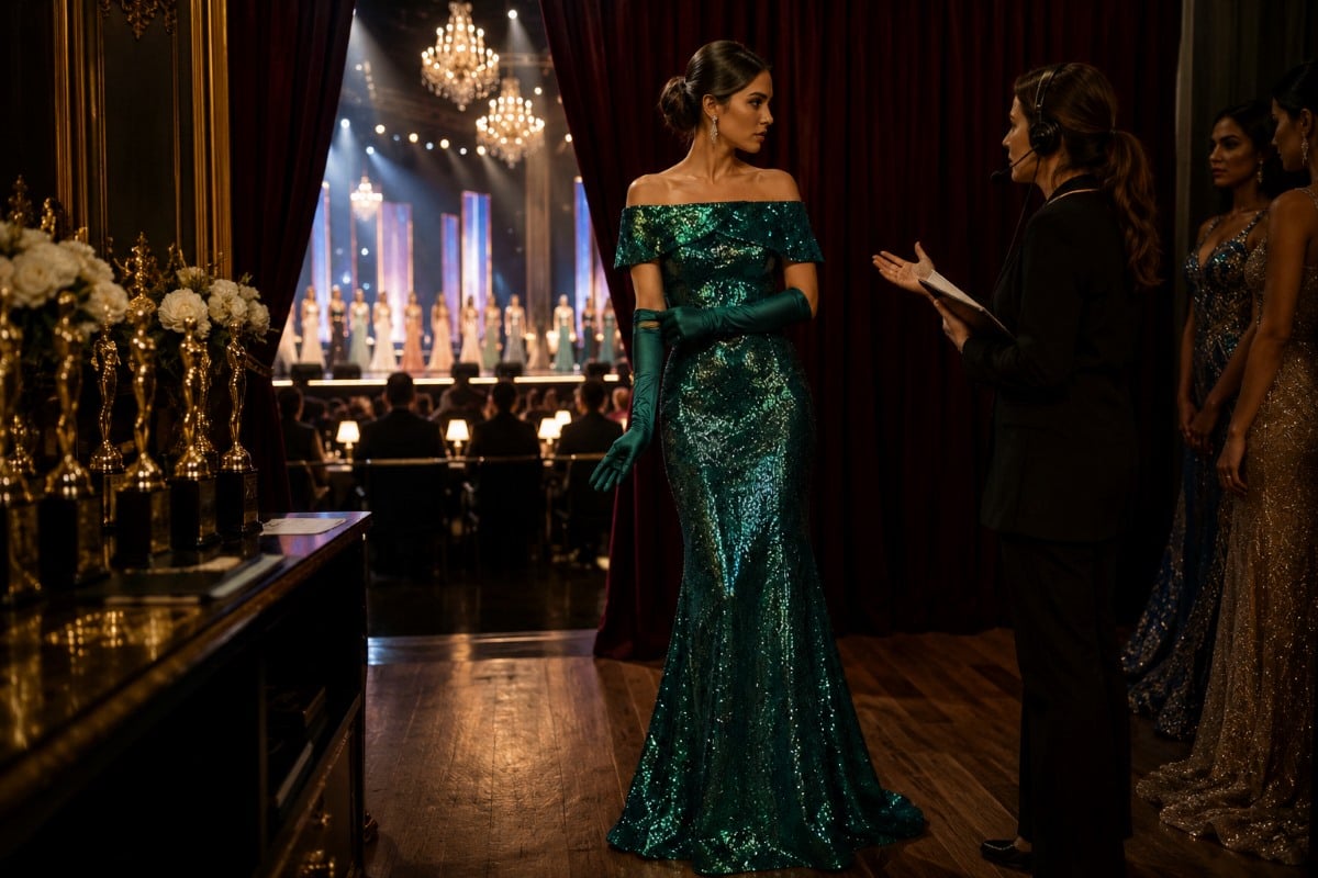 Traditional pageant contestant preparing backstage with opera gloves