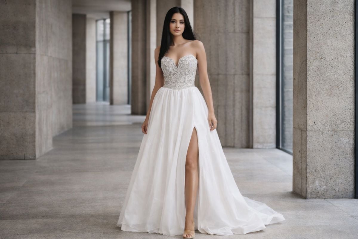 white strapless beaded A-line prom dress with slit