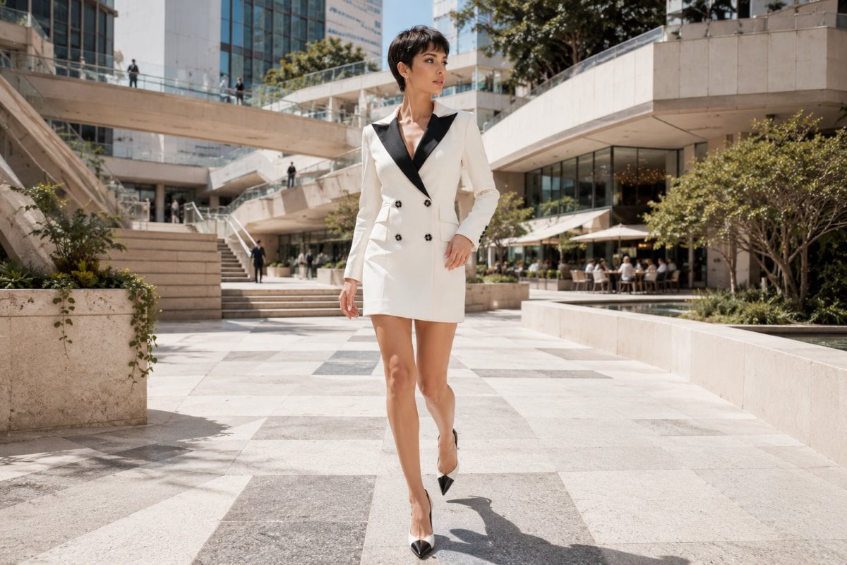 White blazer dress with black lapels