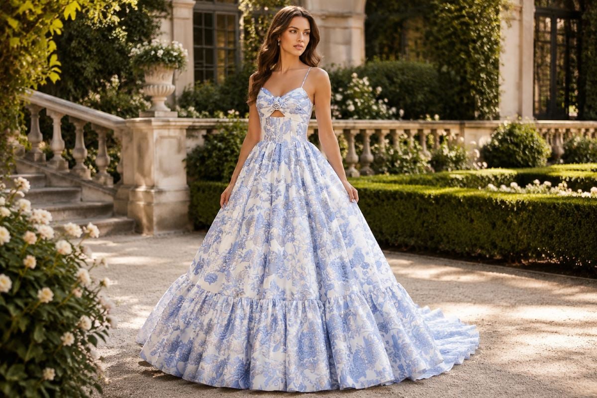 White and blue ball gown elegance
