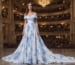 white blue print off shoulder couture gown with train