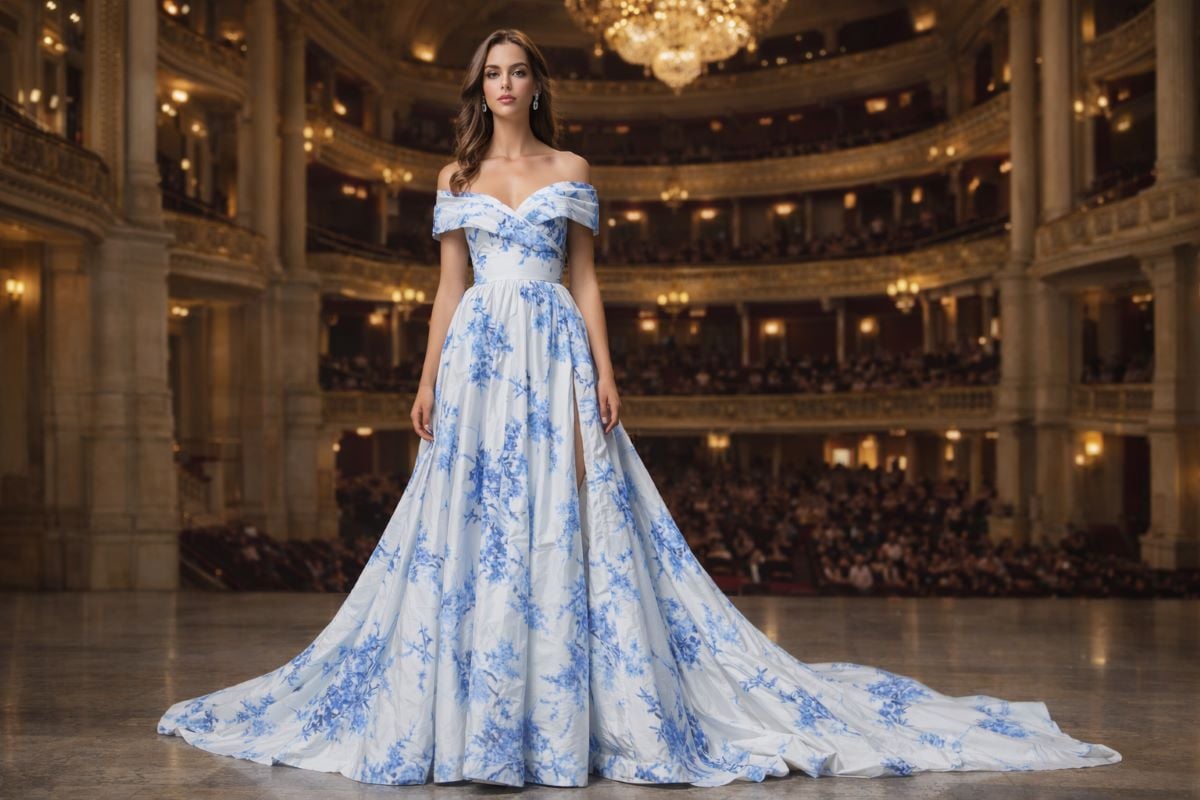 white blue print off shoulder couture gown with train
