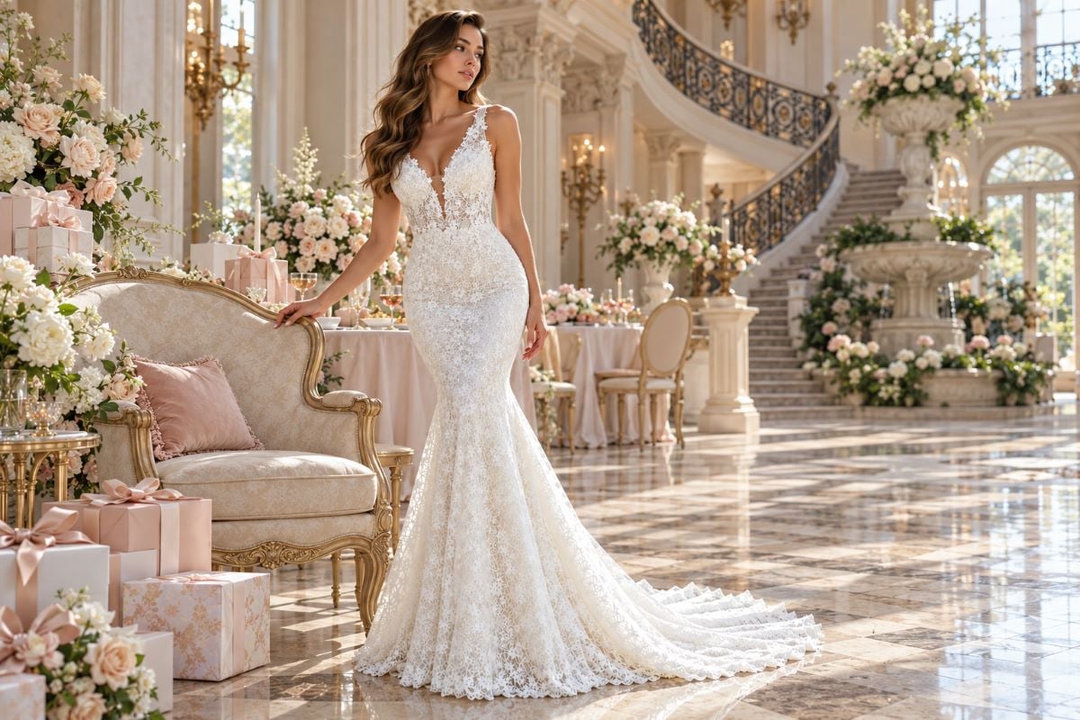 White bridal shower lace gown editorial