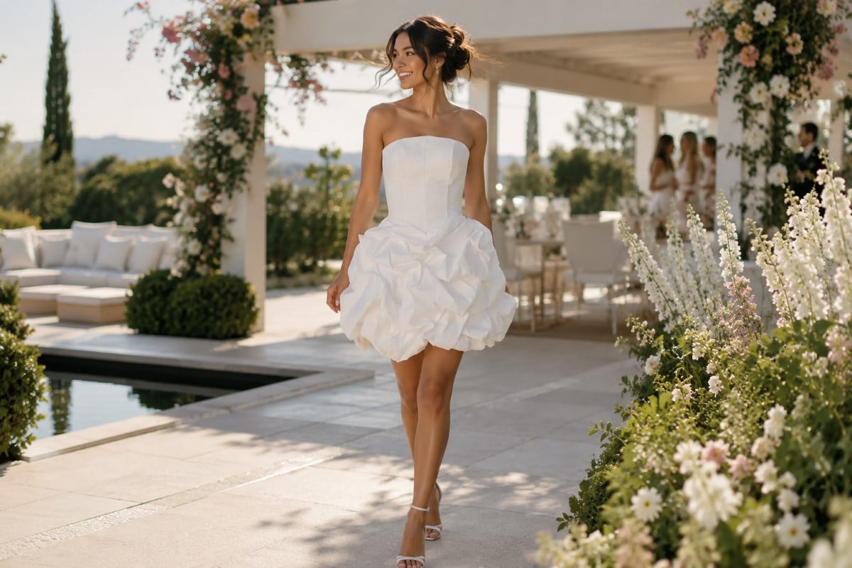 White bubble dress in summer garden