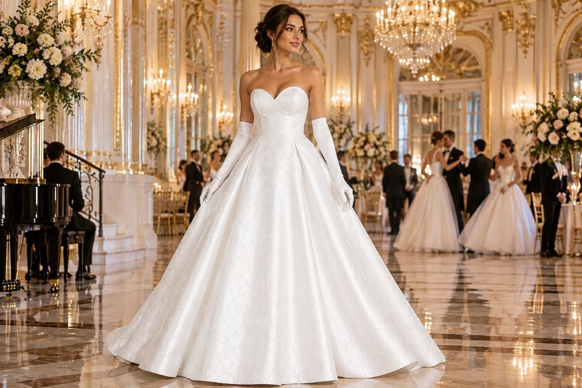 White cotillion debutante ball gown editorial