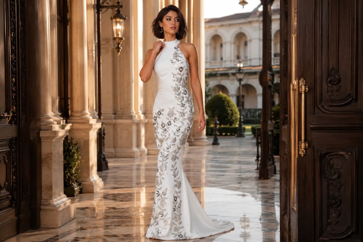 White embellished halter evening gown elegance
