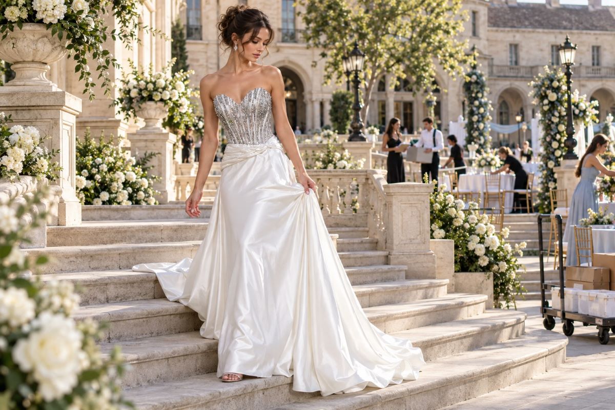 White embellished prom planning timeline editorial