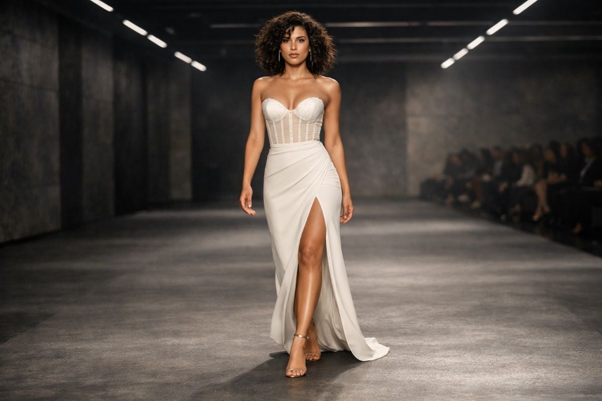 white fitted corset prom dress slit runway