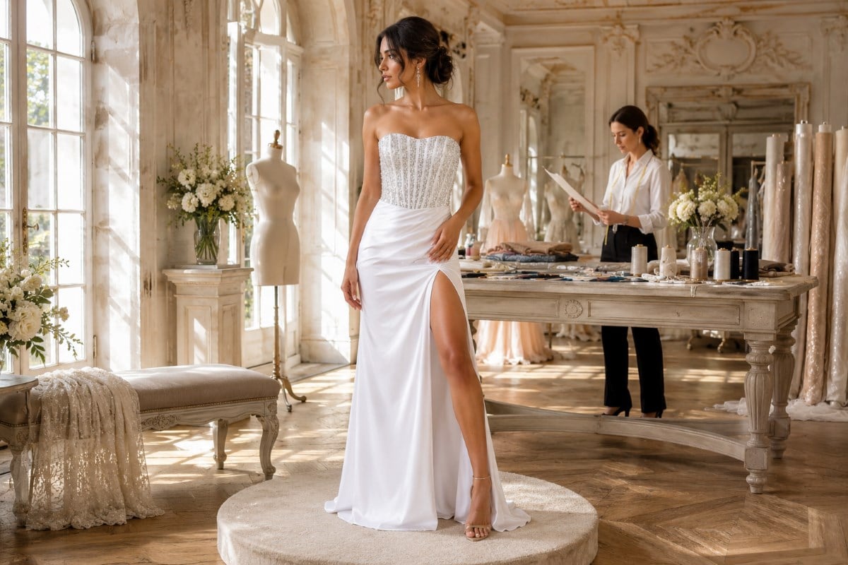 White fitted prom dress alterations fitting