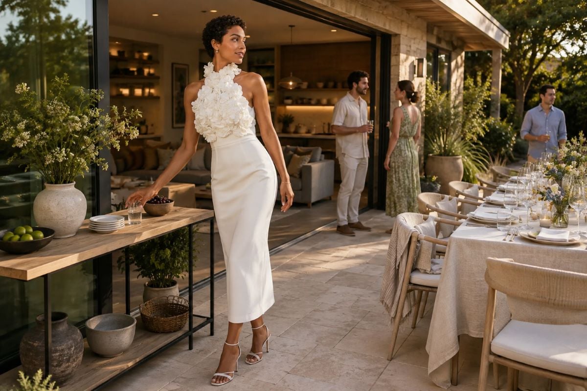 White floral home rehearsal dinner dress