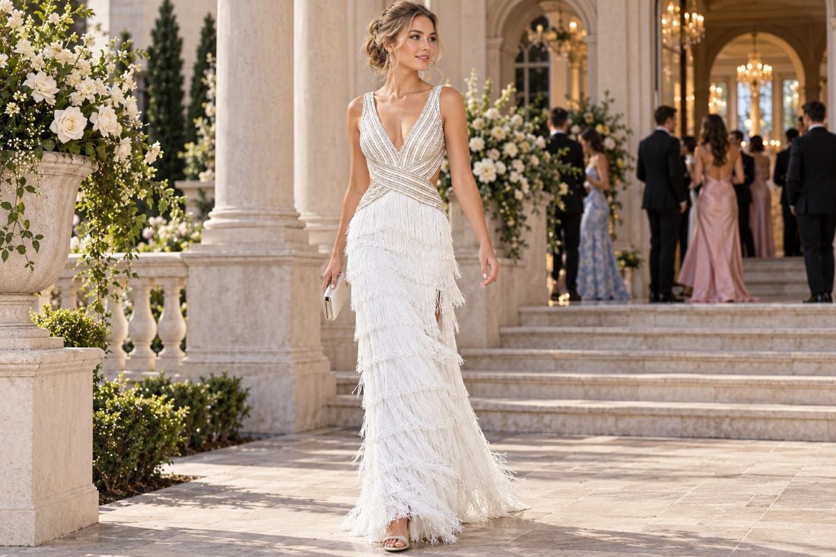 White fringe prom gown walking smoothly