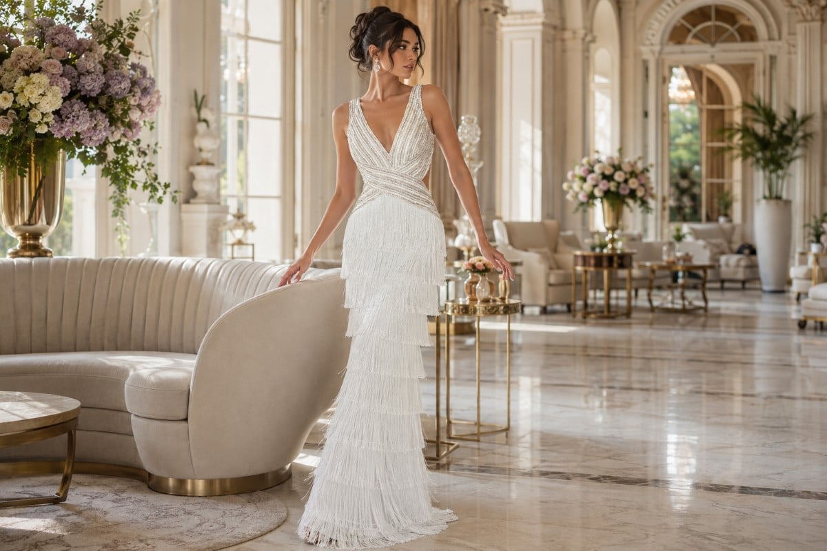 White fringe side cutout prom dress