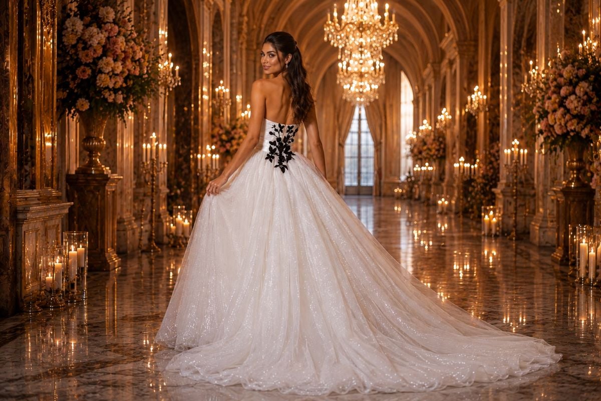 White glitter dama gown with floral back