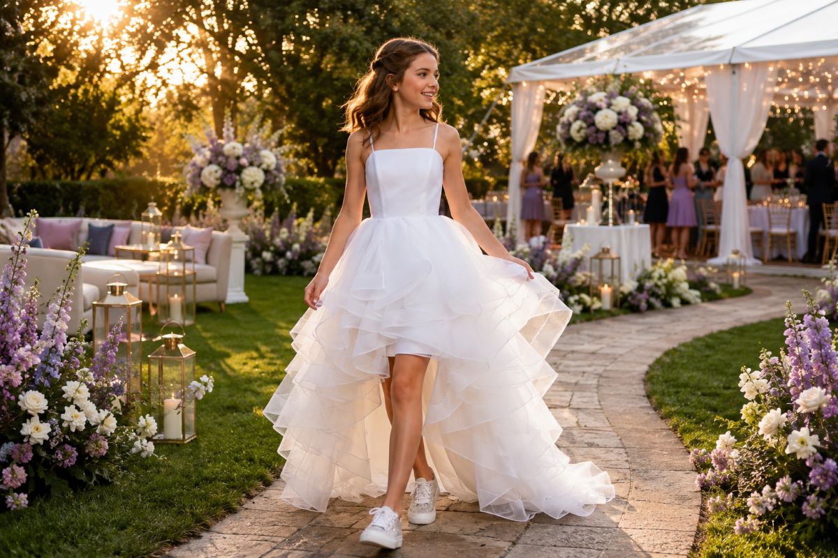 White high-low bat mitzvah garden gown