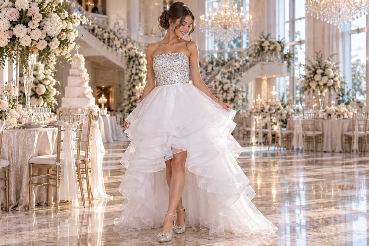 White high-low sweet 16 party dress