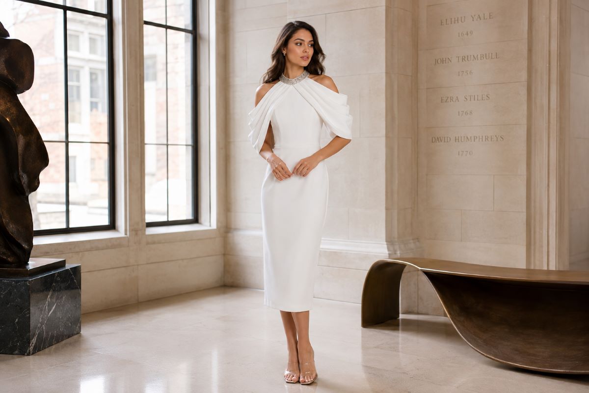 White high neckline graduation midi dress with sculptural sleeves