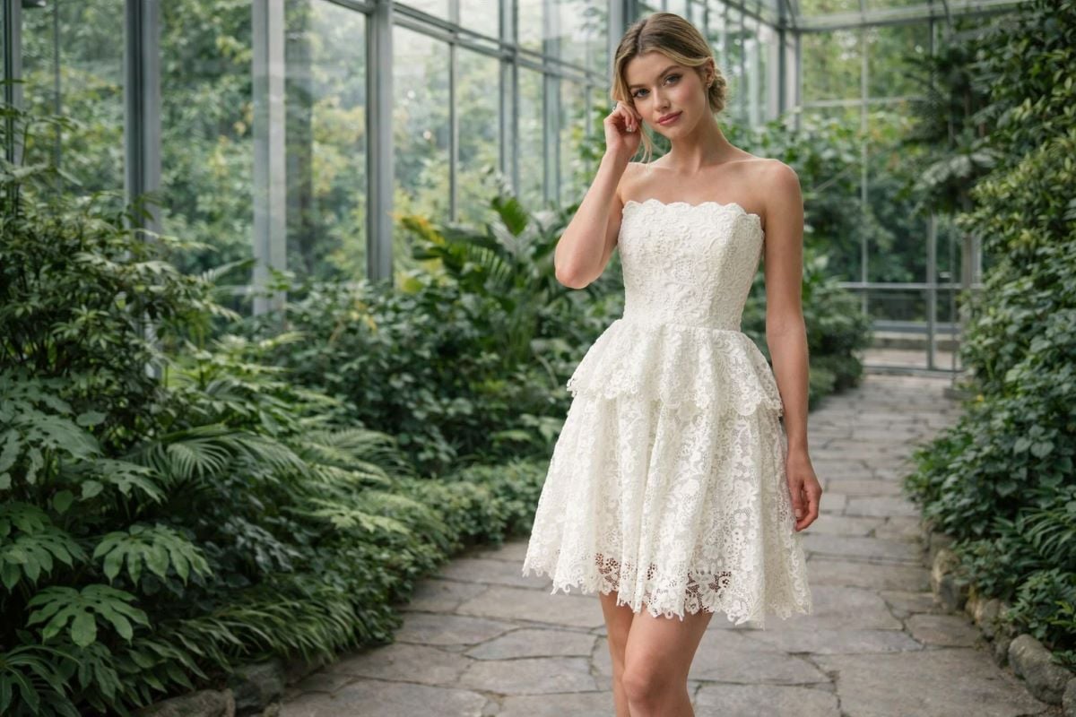 white strapless lace bridal shower mini dress