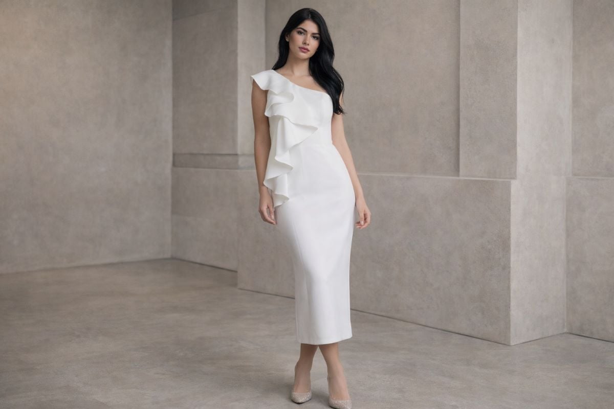 White one-shoulder minimal dress with cascading ruffle detail