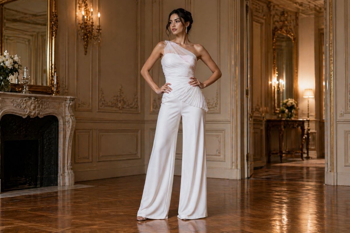 White one-shoulder pleated jumpsuit with wide leg pants