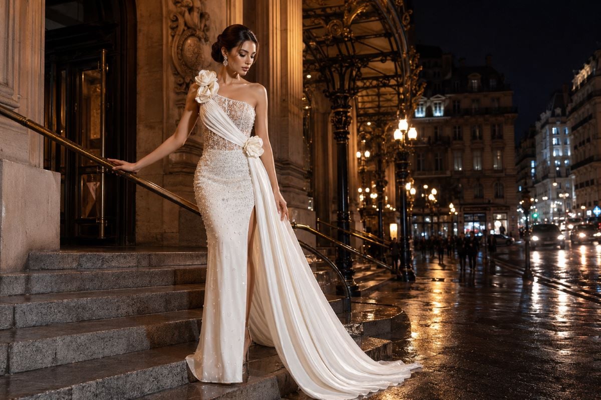 White pageant gown urban editorial entrance