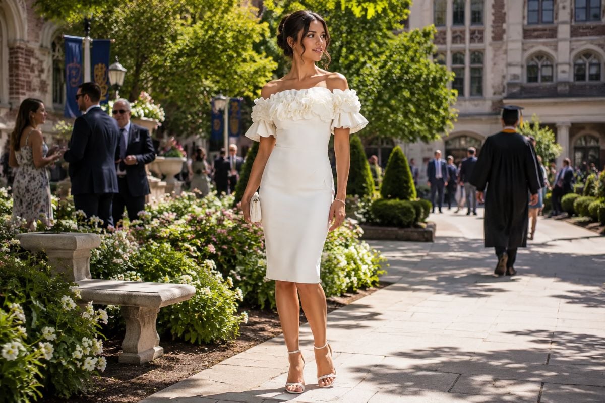 White ruffle cocktail dress graduation guest