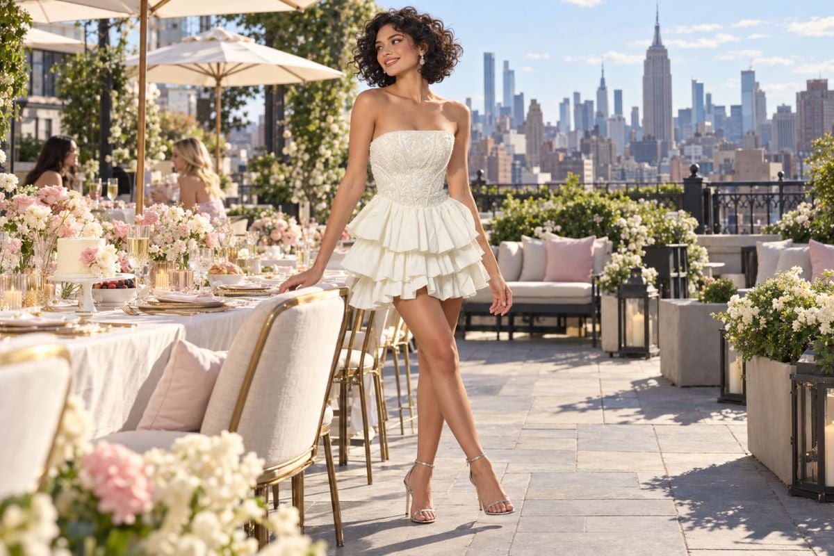 White ruffled mini dress for birthday brunch