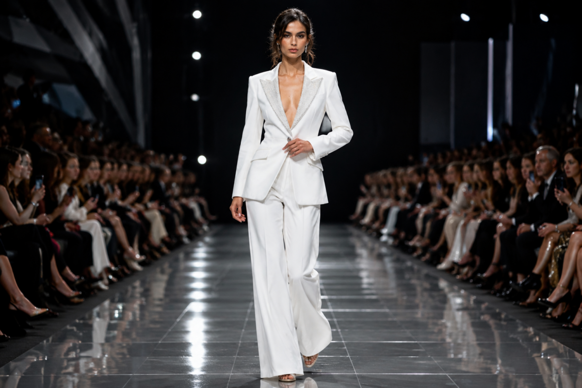 Elegant white runway tailored suit look