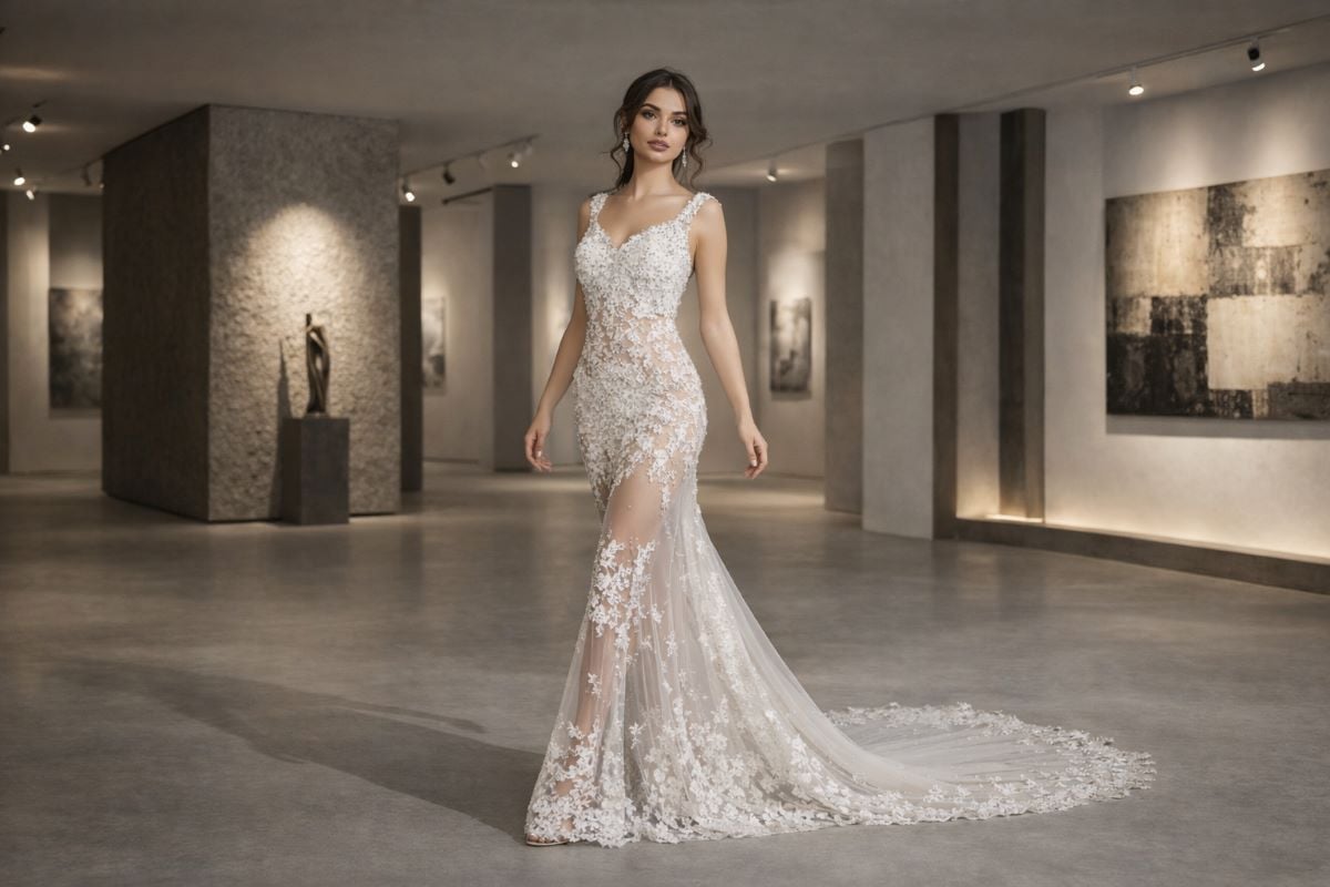 white sheer lace embroidered evening gown