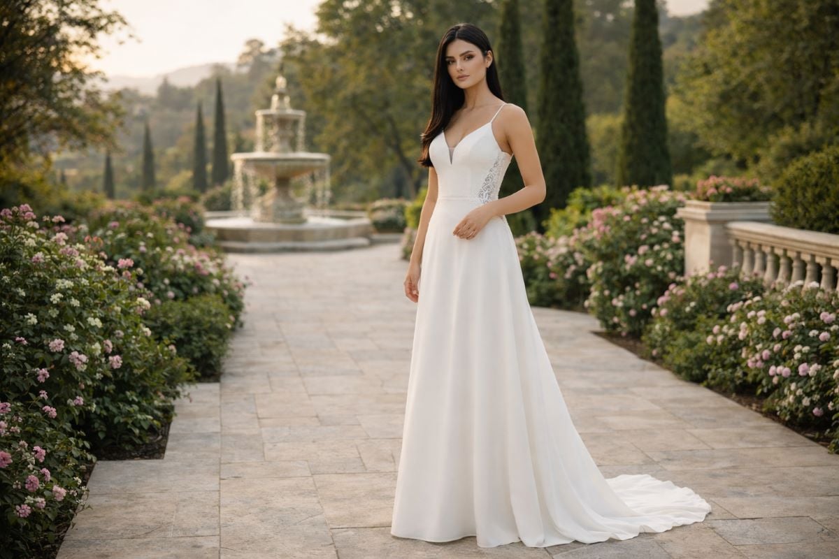 white soft flowy prom dress with spaghetti straps