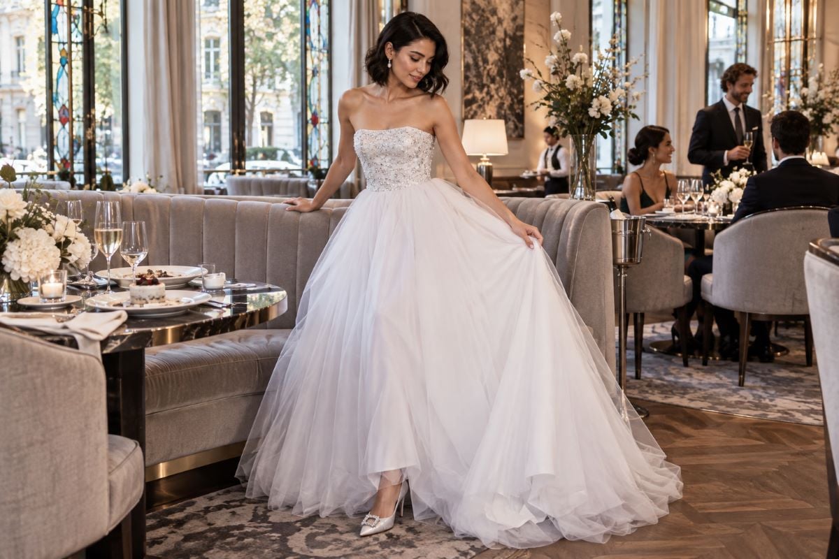 White strapless birthday dinner ball gown