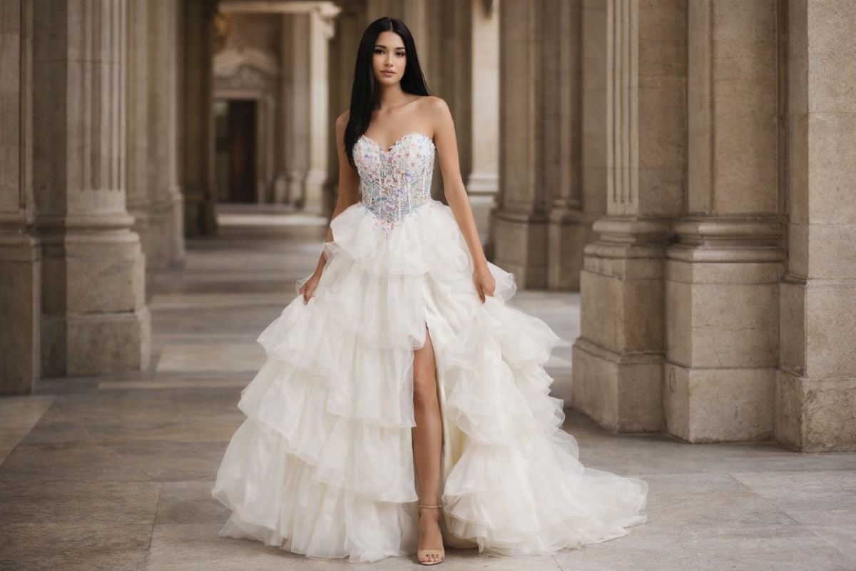 white strapless corset prom dress with ruffled skirt