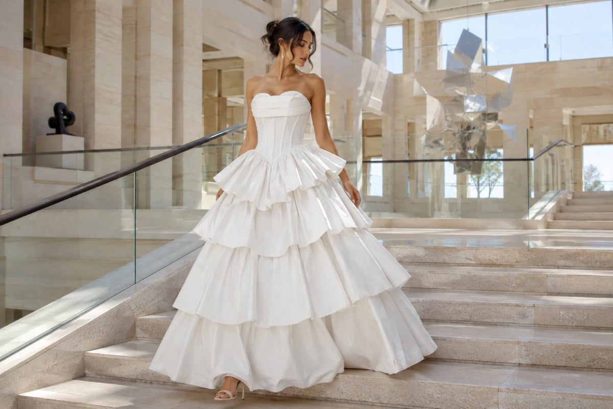 White structured taffeta ball gown editorial