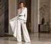 White tailored suit with black piping wide-leg pants full body