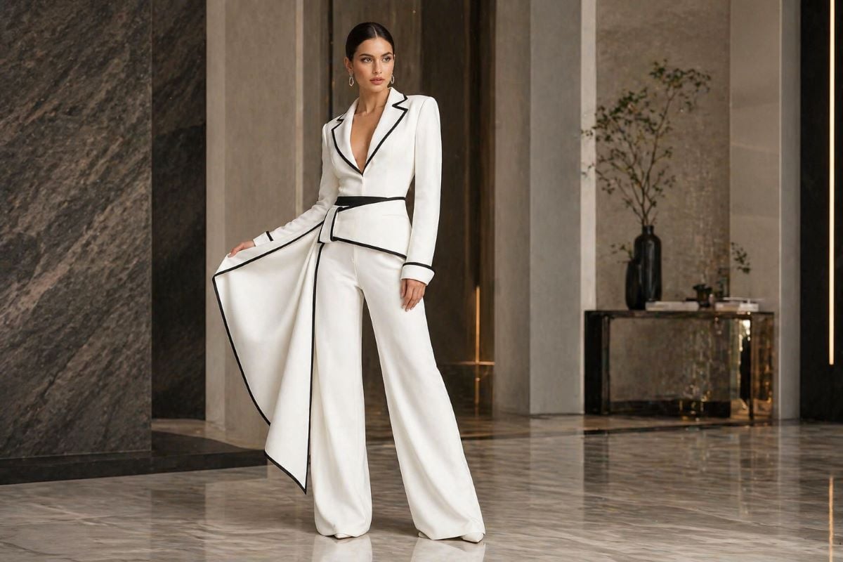 White tailored suit with black piping wide-leg pants full body