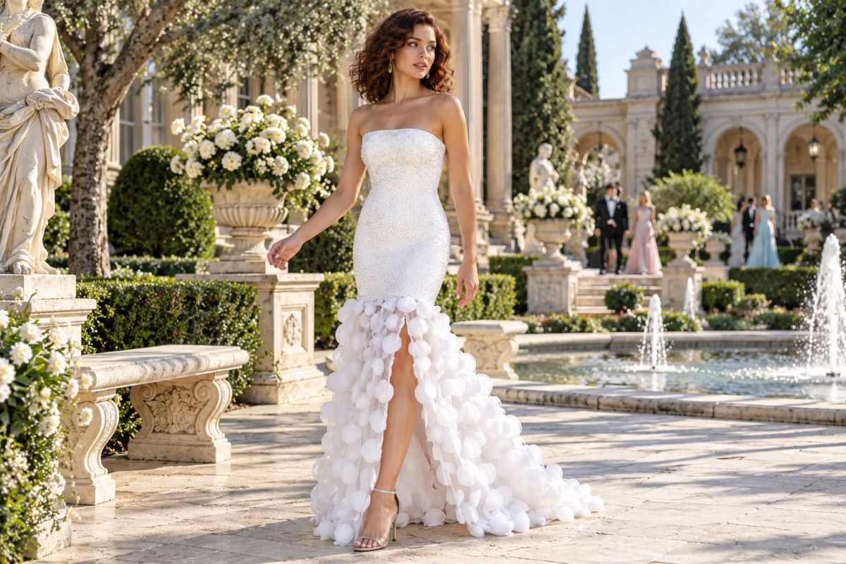White trumpet prom dress with appliqués
