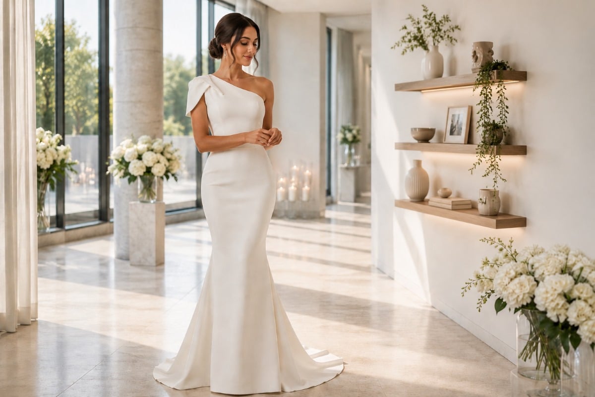 White one-shoulder gown for vow renewal