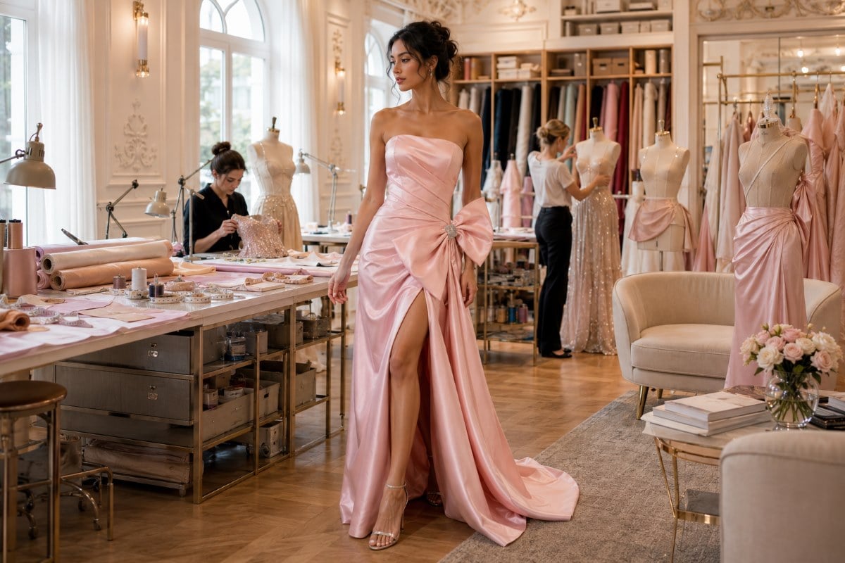 Pink satin prom gown couture craftsmanship