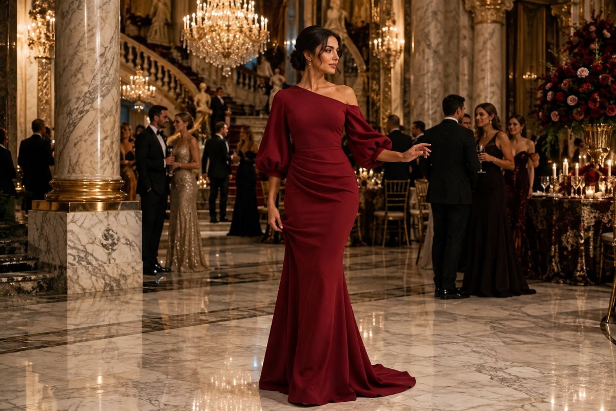 Wine boat neck mermaid evening gown