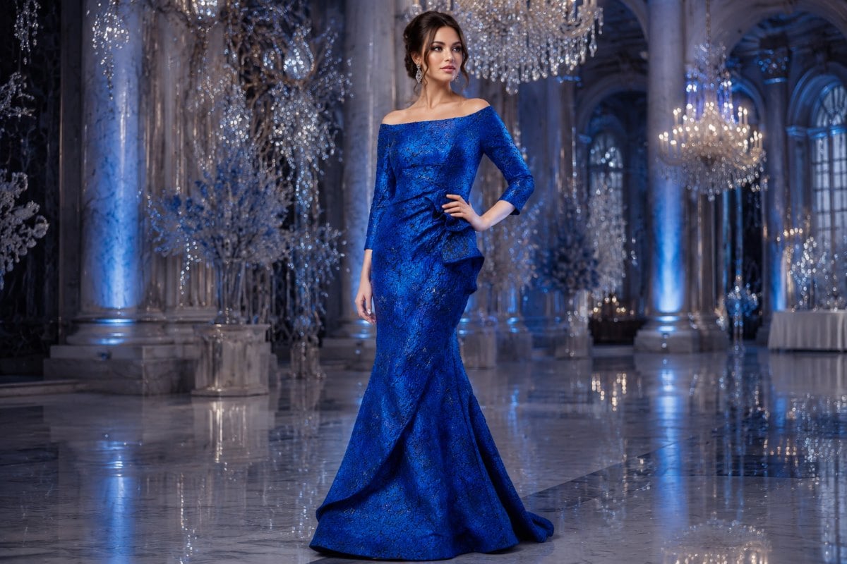 Elegant blue winter formal gown model