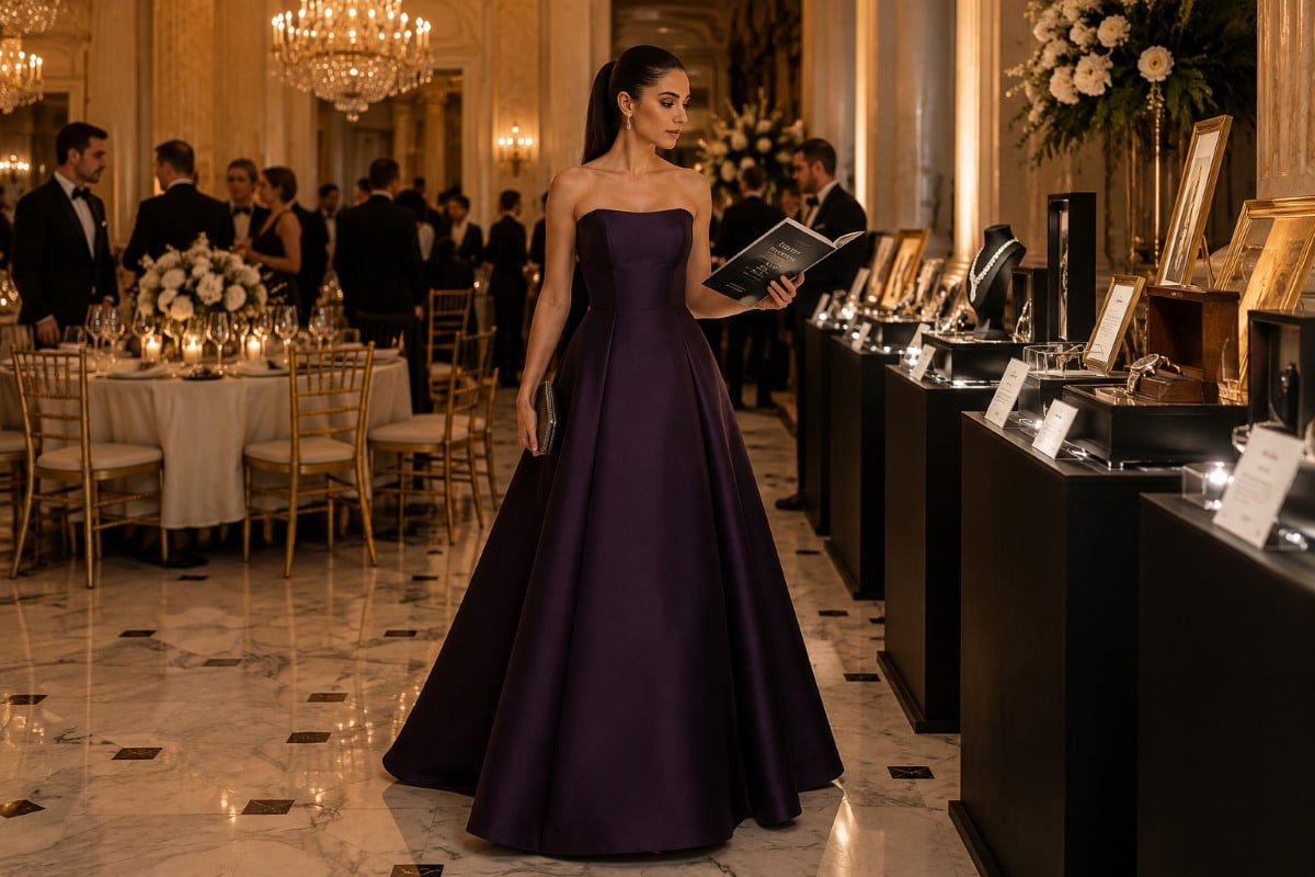Eggplant A-line gown with wrinkle-resistant fabric