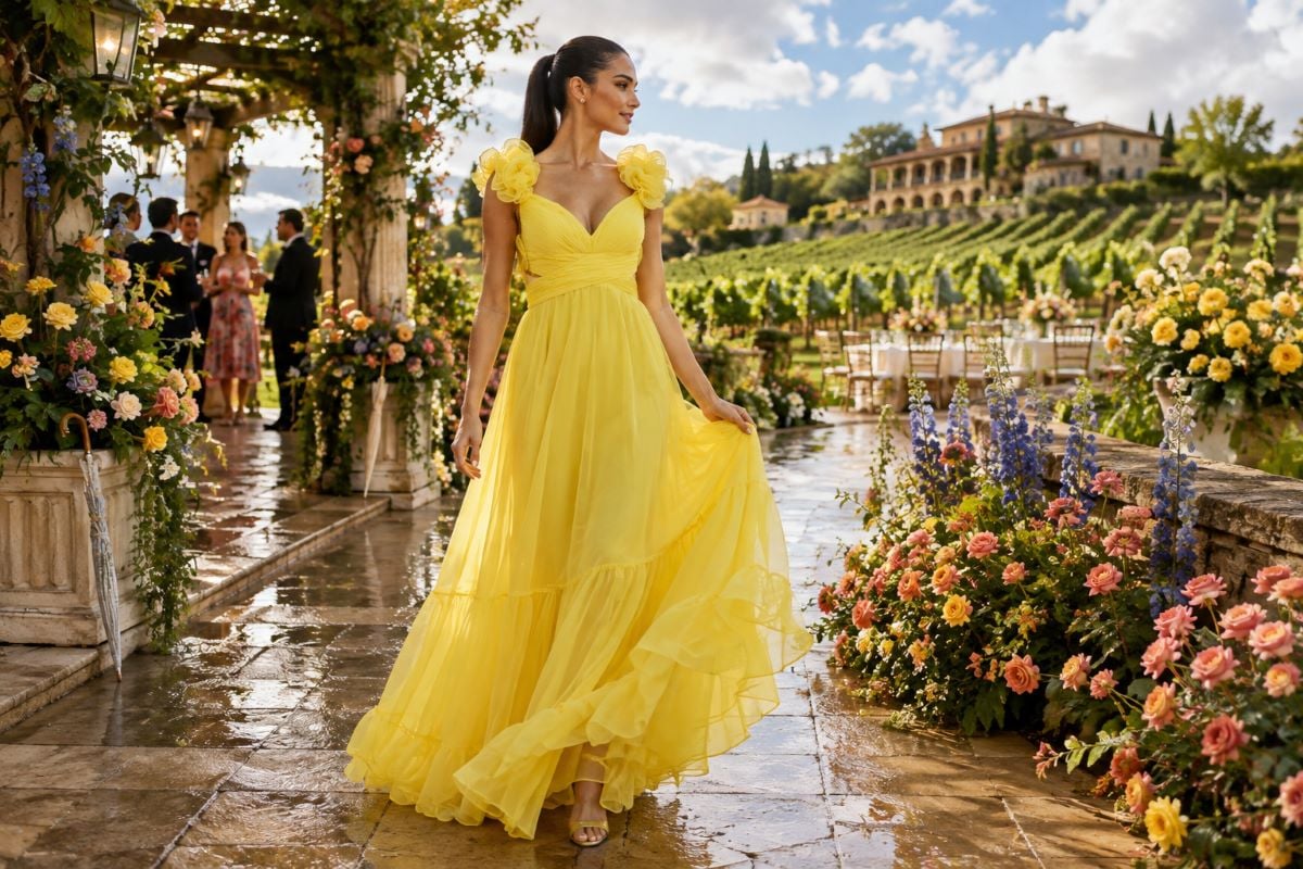 Yellow chiffon spring vineyard wedding guest