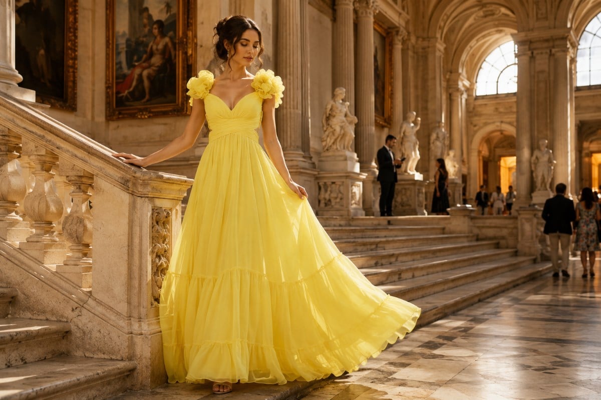 Yellow empire waist chiffon evening gown