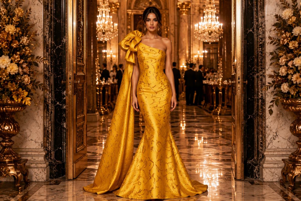 Saffron yellow mermaid evening gown at luxury gala