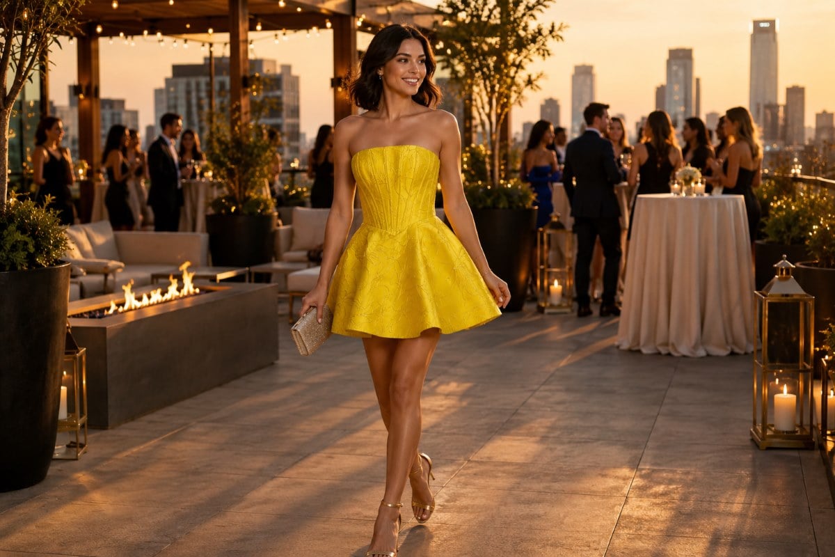 Yellow jacquard mini homecoming dress editorial
